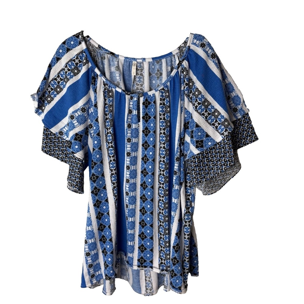 CATO Blouse Plus Size 2X Top Shirt Short Sleeves Blue Black White Gauzy Casual